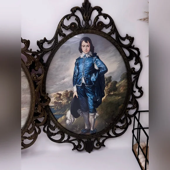 Vintage Victorian Pinky and Blue Boy Painting Prints Concave Glass Brass Frame